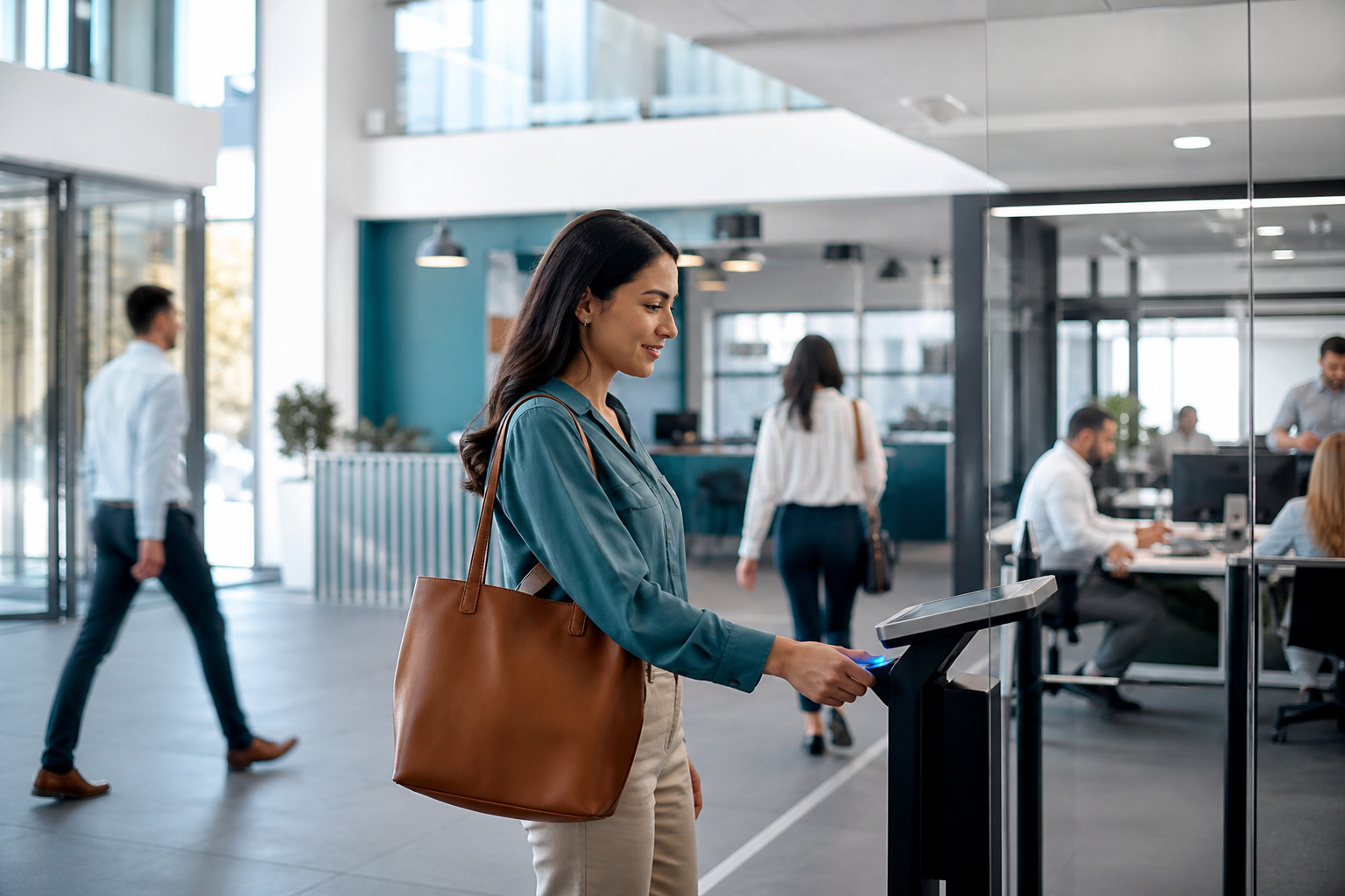 Employee using a digital workplace check-in terminal
