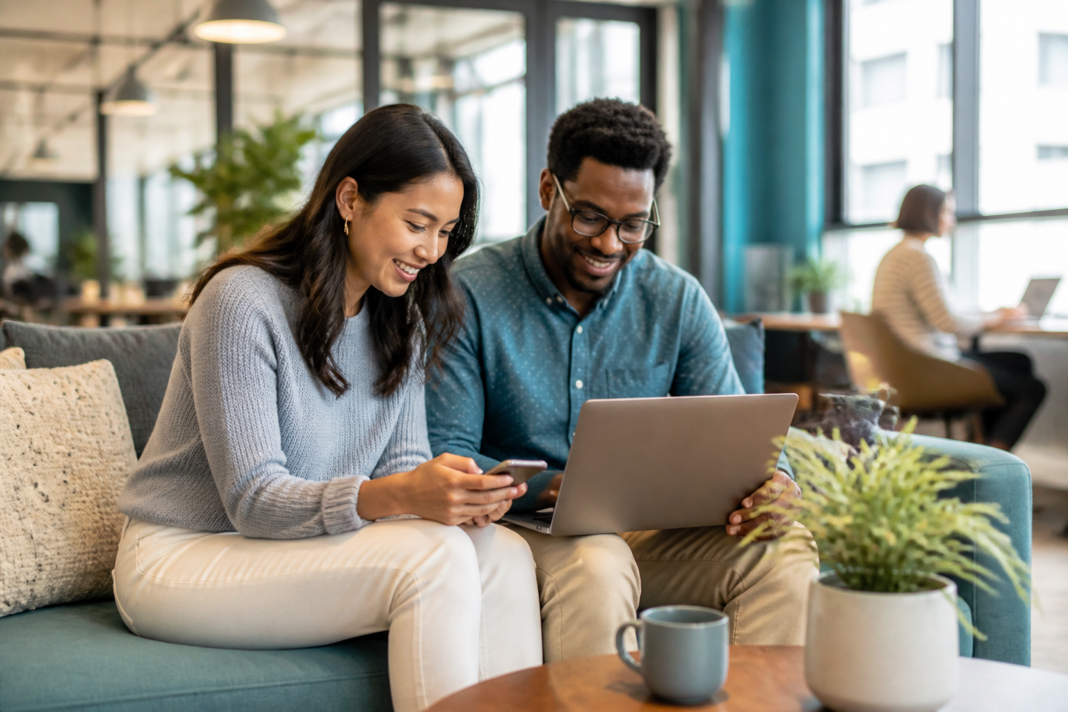 Employees using digital self-service tools together