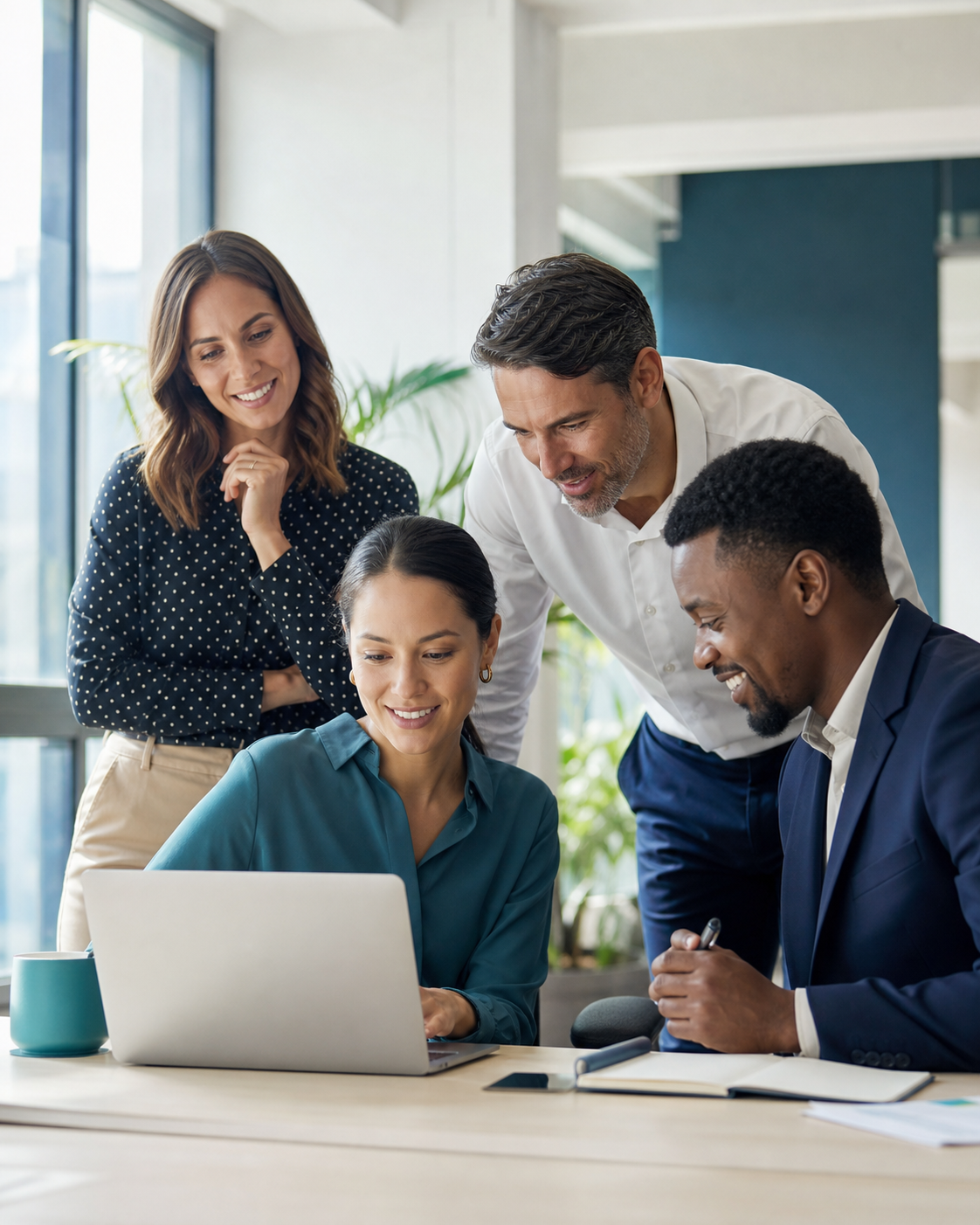 HR professionals collaborating around a laptop
